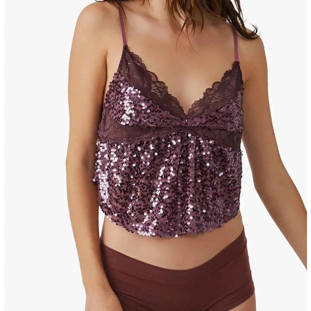 Free People Maroon Purple Burgundy Sequin Cropped Top Camisole Small NWT - Picture 9 of 9